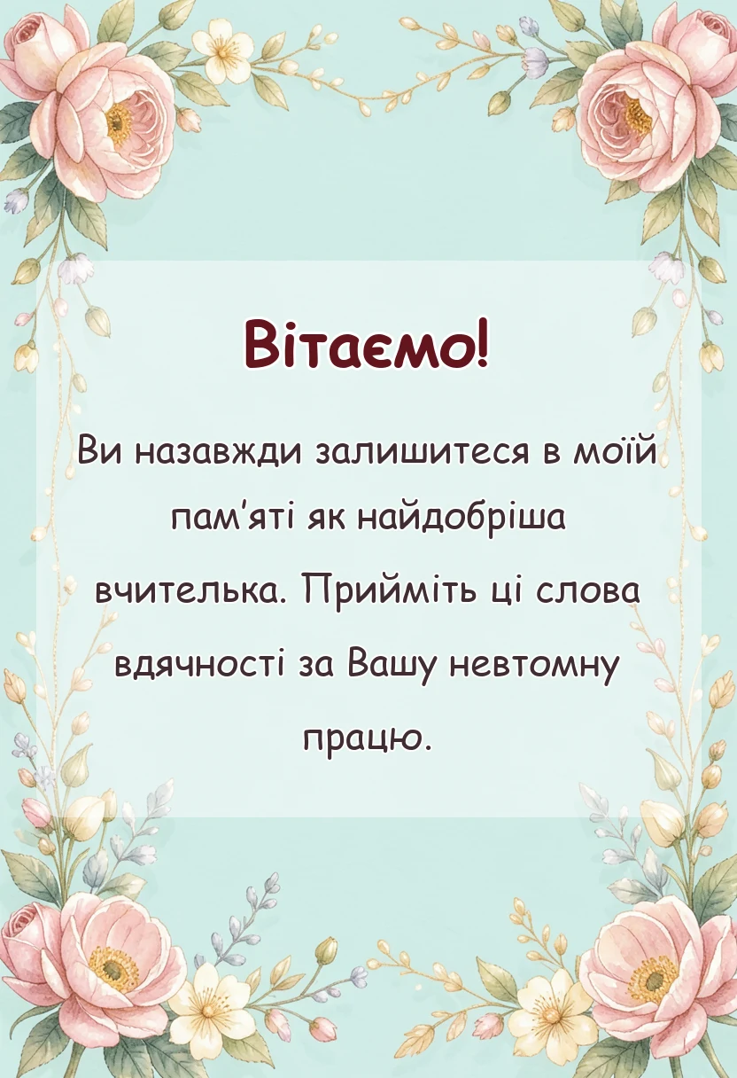 листівка з побажанням - подяка першій вчительці від учня