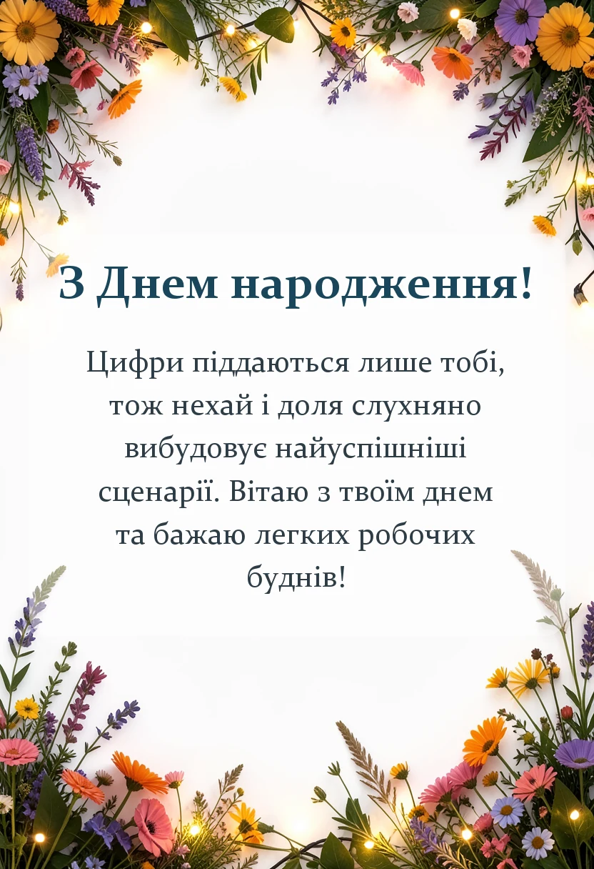 вітальна листівка - привітання з днем народження бухгалтера своїми словами