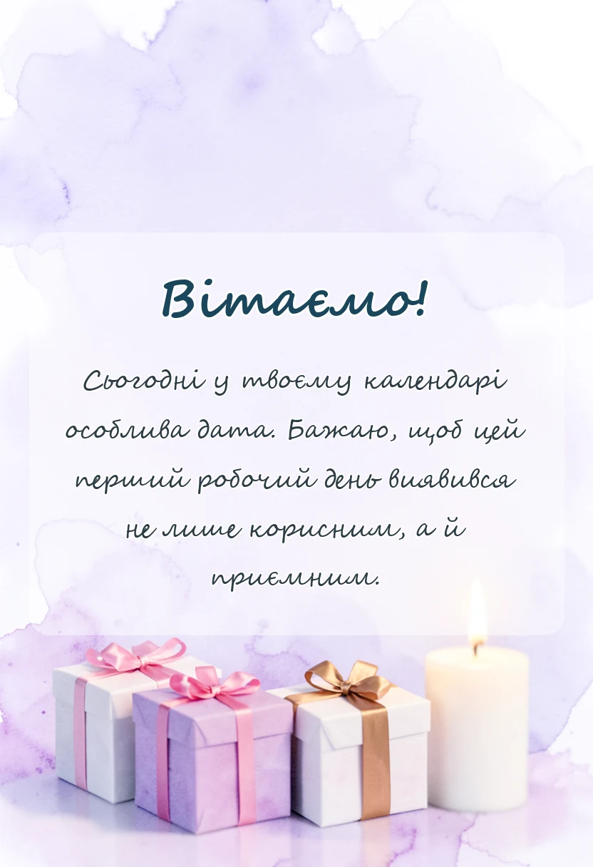 вітальна листівка - привітання з першим робочим днем