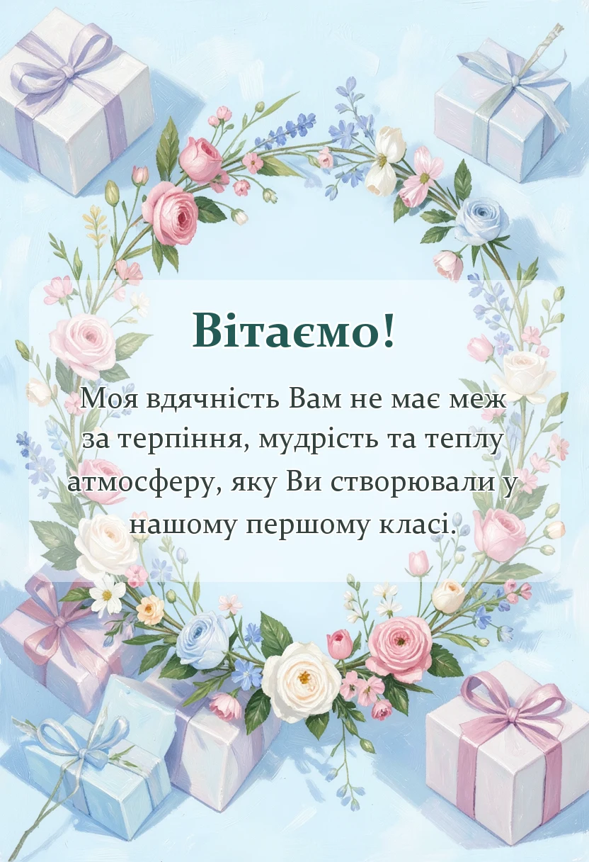 листівка з побажанням - подяка першій вчительці від учня