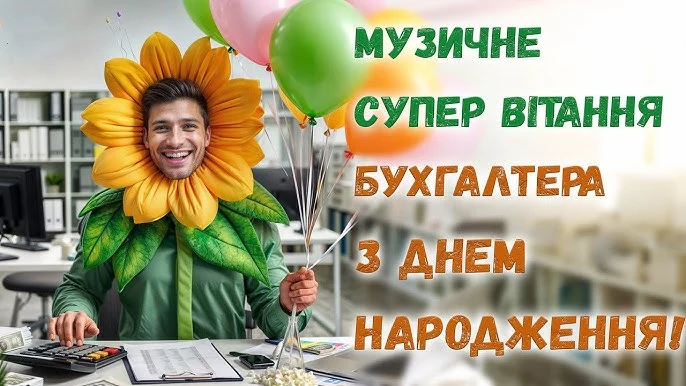 Сміливий бухгалтер у соняшнику з кульками на день народження.