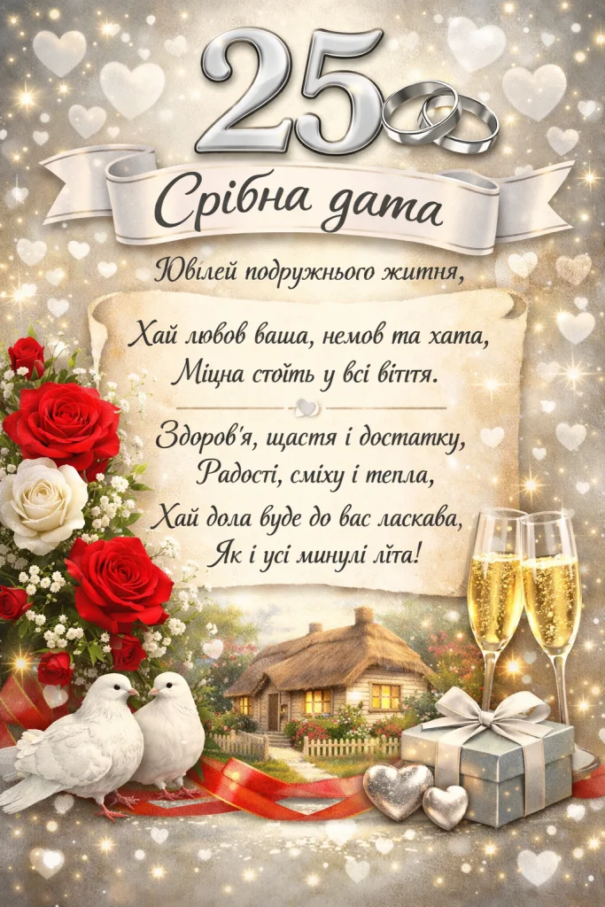 Срібне весілля: квіти, голубки та шампанське