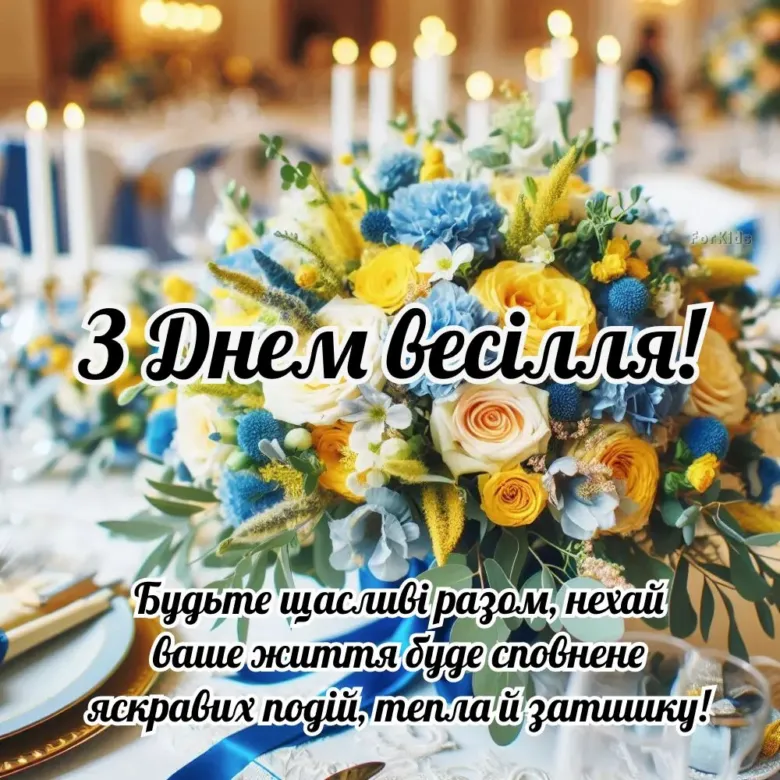 Квіти на весільному столі з привітанням до першої річниці.