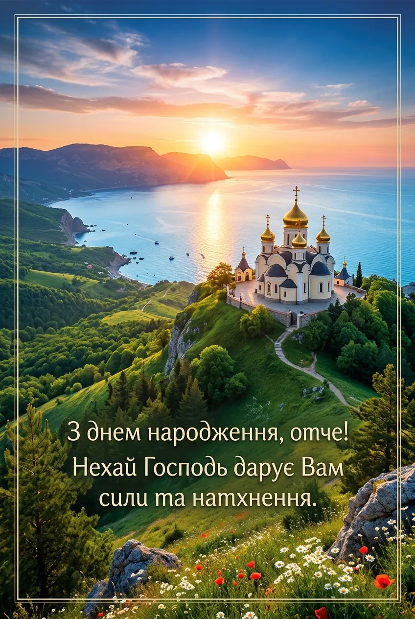 Церква на пагорбі з видом на море та квіти.
