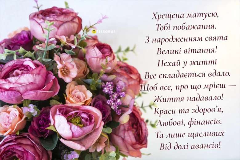 Квіти та привітання з днем народження хрещеній мамі.