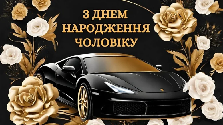 Чорний спорткар з квітами та привітанням чоловікові на день народження.