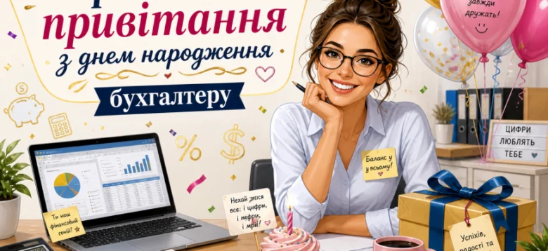 Привітання з днем народження бухгалтеру: жінка за робочим столом