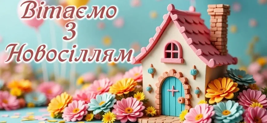 Кольоровий будиночок з квітами та привітанням з новосілля.