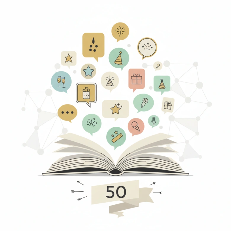 Книга з іконками святкування та написом «50» для привітання на день народження.