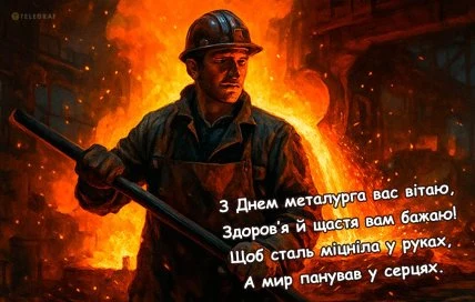 Металург у шоломі на фоні полум'я з привітанням.