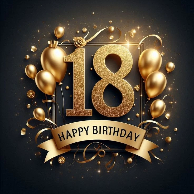 Золотий цифровий напис «18» з кульками та стрічками на темному фоні.