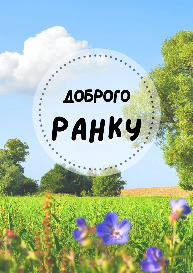 Картка з побажанням доброго ранку на фоні квітучого поля.