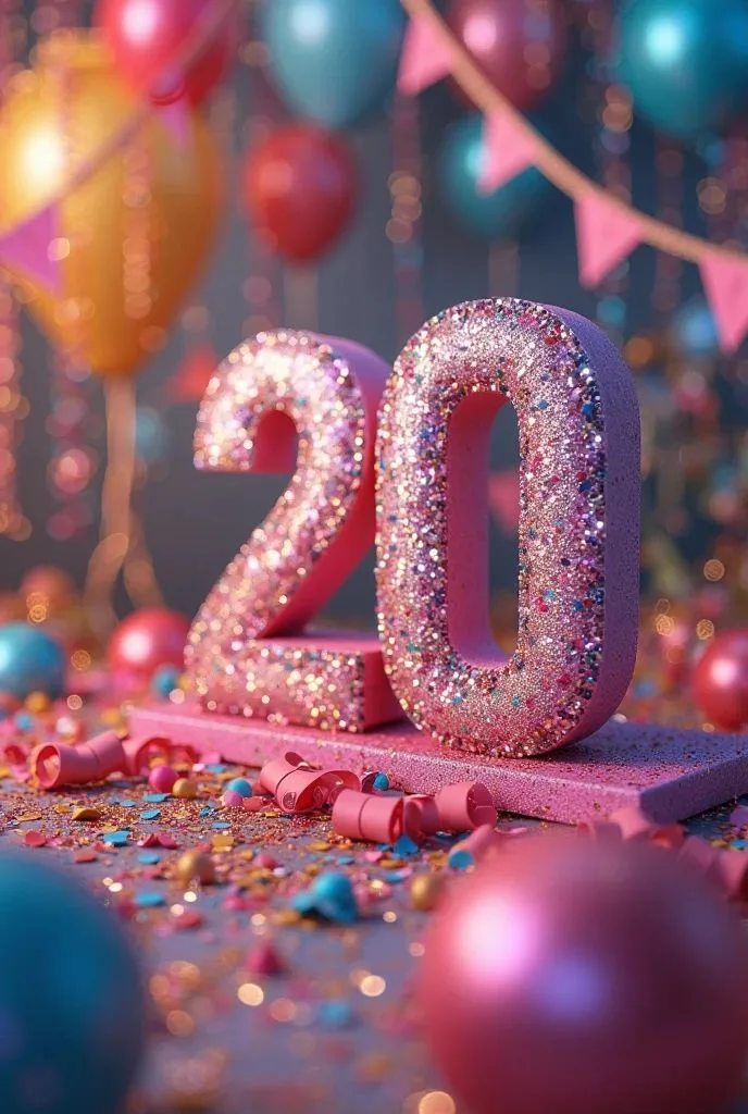 Сяйучі цифри «20» на фоні куль та конфетті для святкування.