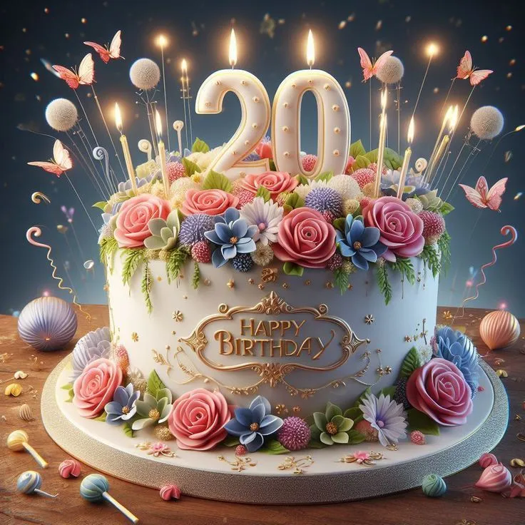 Красивий торт на день народження з написом «20» та квітами.