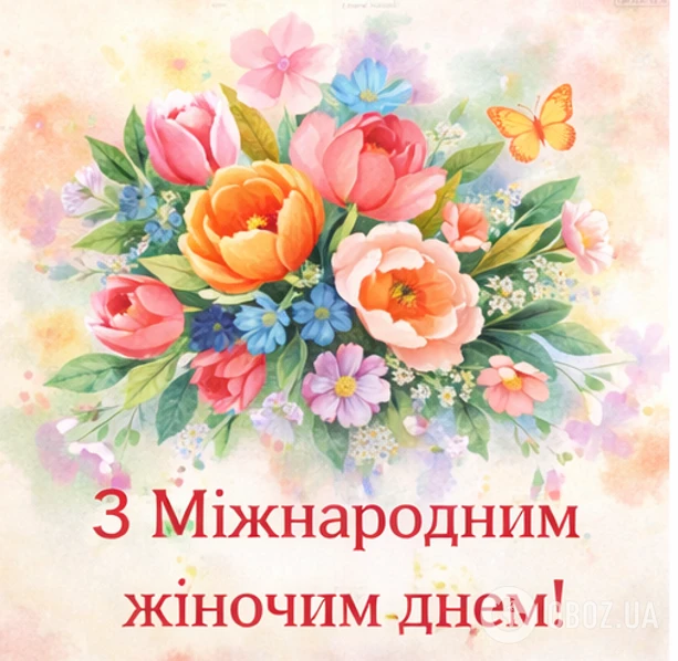 Квіти та метелик привітання з Міжнародним жіночим днем