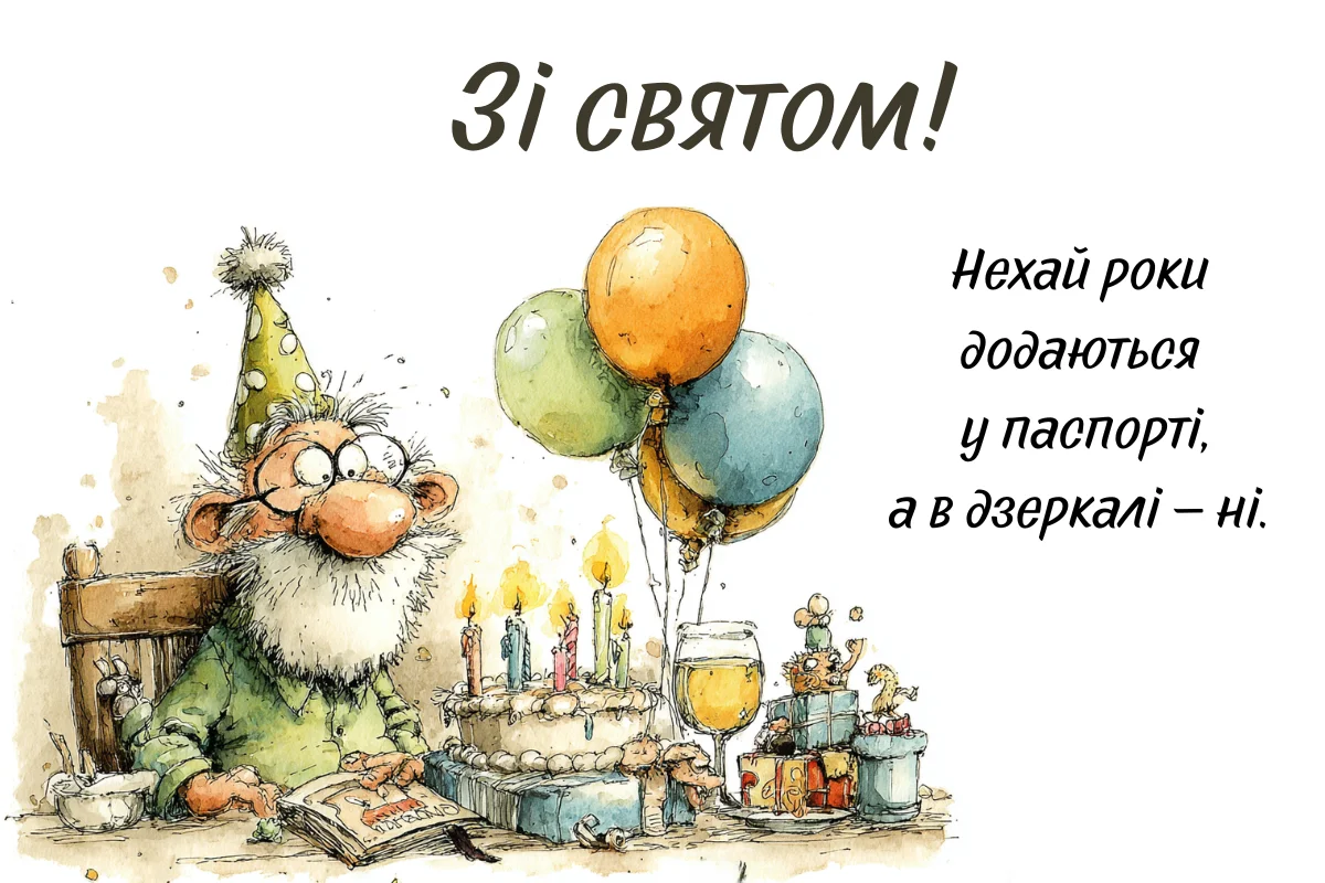 Чоловік святкує день народження з тортам та кульками.