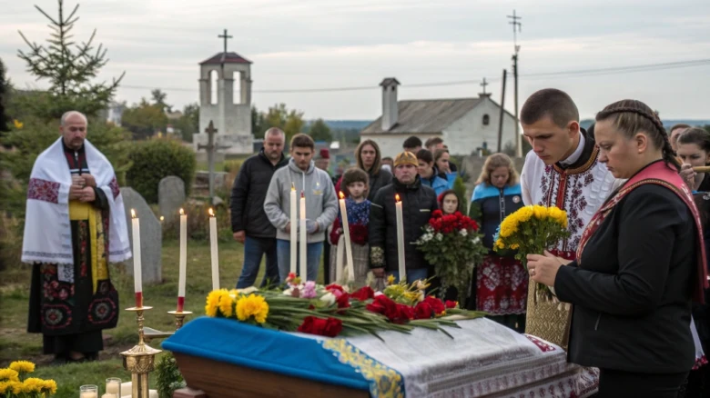 Похоронна церемонія з квітами та свічками на цвинтарі