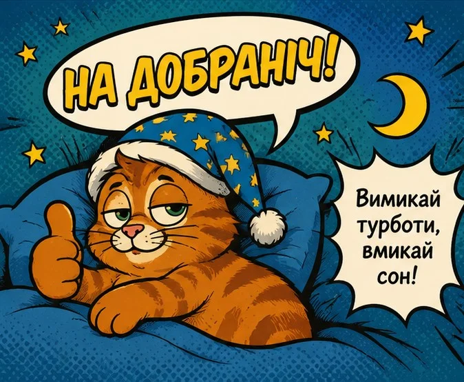 Кіт у шапці каже: «На добраніч!» під місяцем.