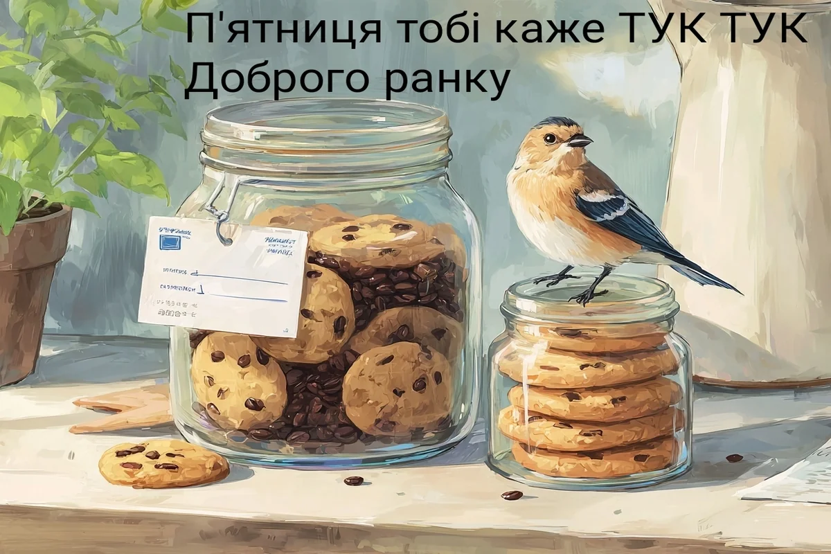 Солодкі печива та пташка на ранковому столі з побажаннями гарного дня.