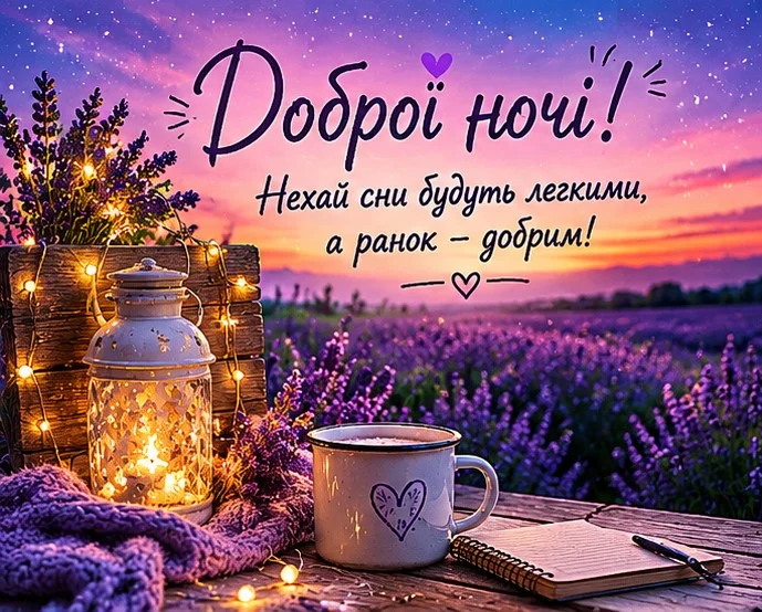 Картка з побажанням доброї ночі на фоні лаванди та свічки.