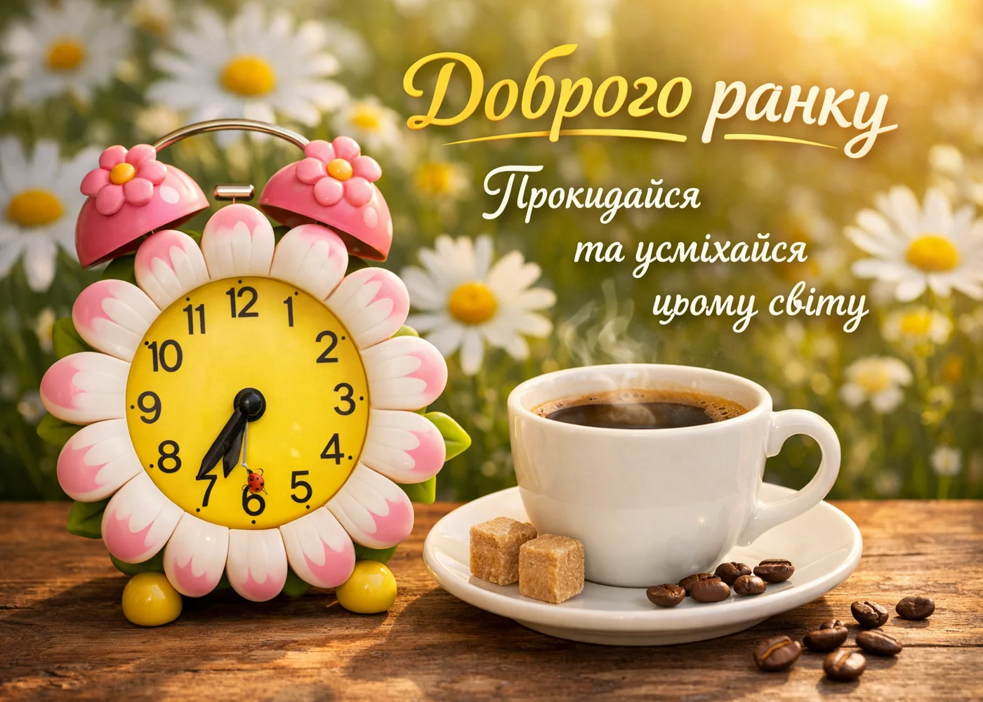 Квіти, годинник та кава з побажанням доброго ранку українською.
