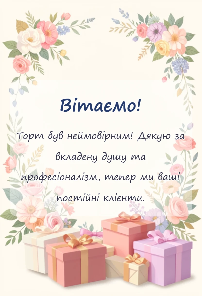 вітальна листівка - подяка кондитеру за торт своїми словами