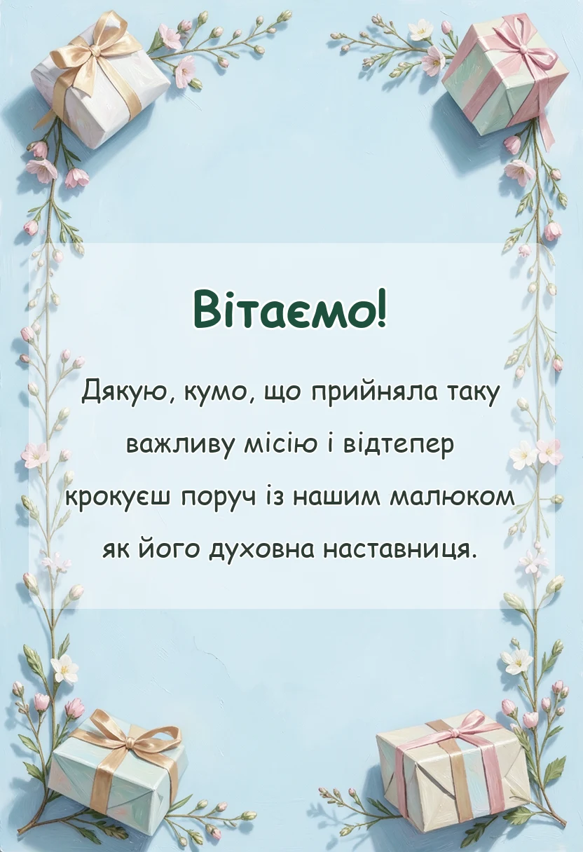 святкова картинка: подяка куми за хрещення дитини