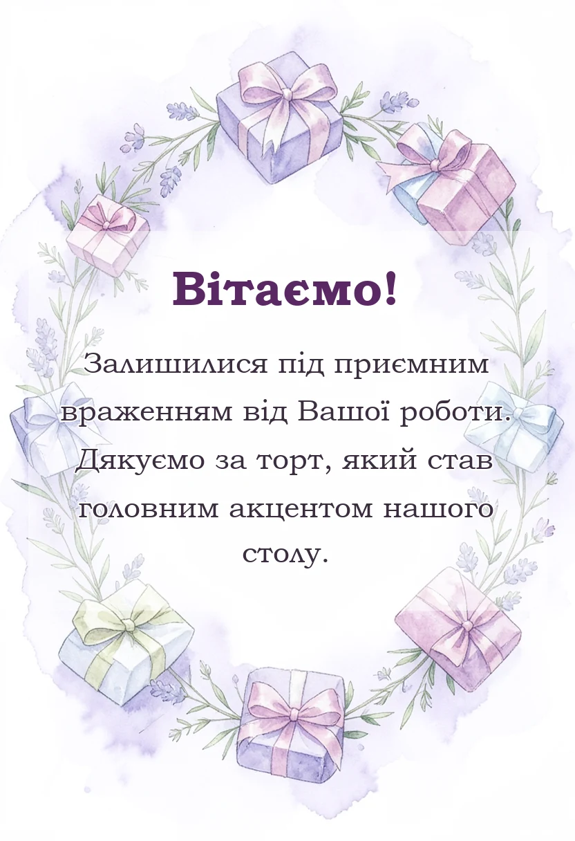 унікальна листівка - подяка кондитеру за торт своїми словами