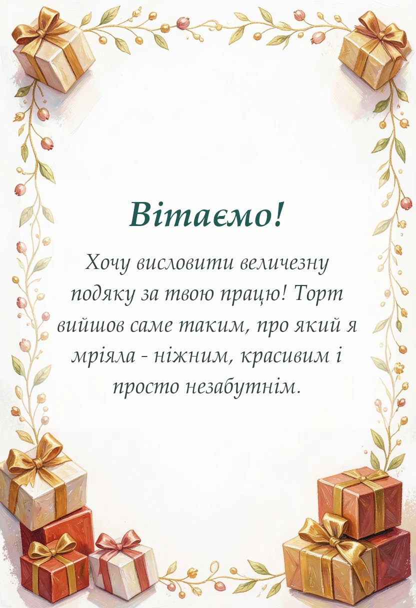 вітальна листівка - подяка кондитеру за торт своїми словами