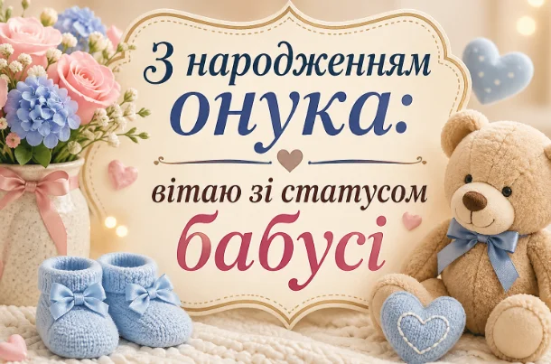 Вітання з статусом бабусі: квіти, ведмедик та дитячі чоботки.
