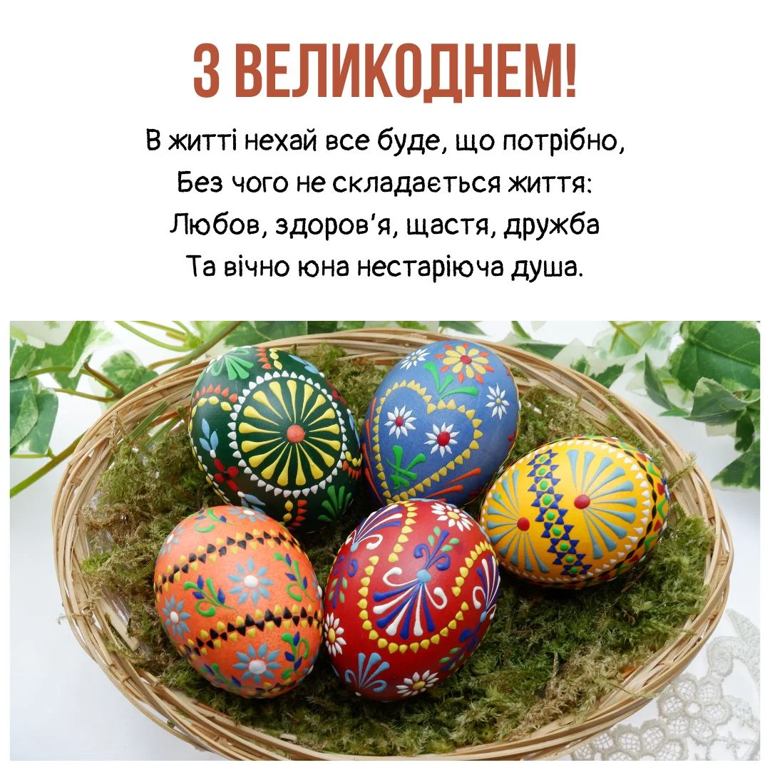 Яскраві пасхальні яйця в кошику з привітанням Великоднем!
