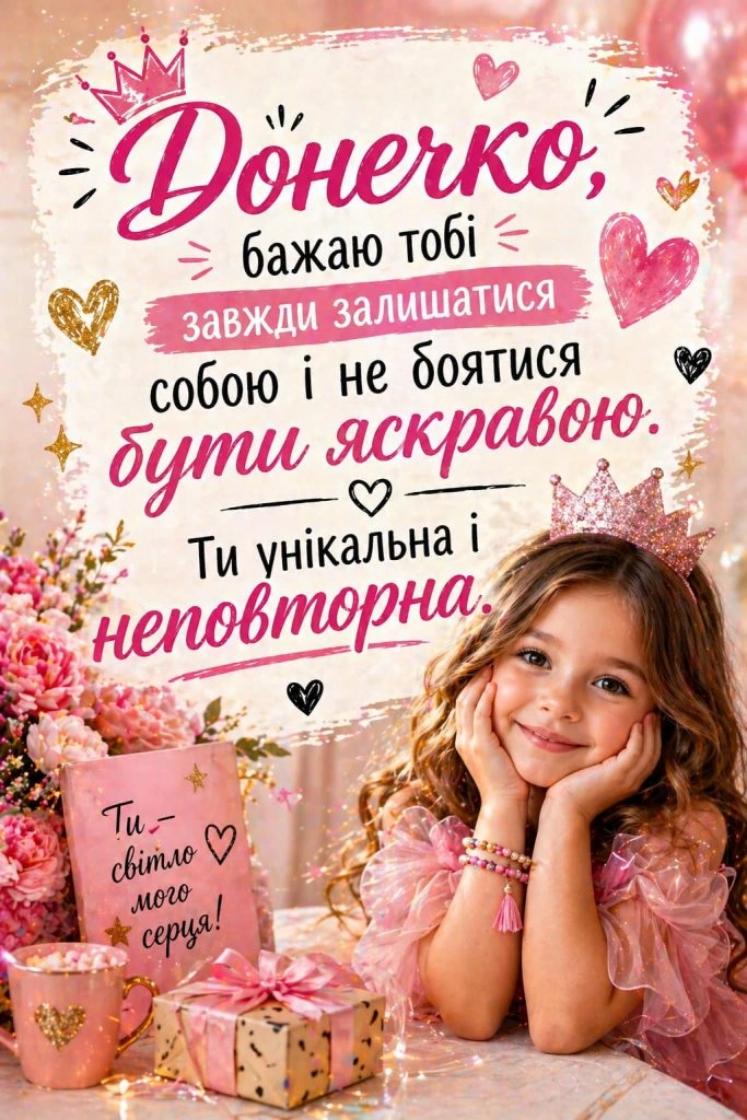 Привітання з днем народження дочці: дівчинка в короні та квіти