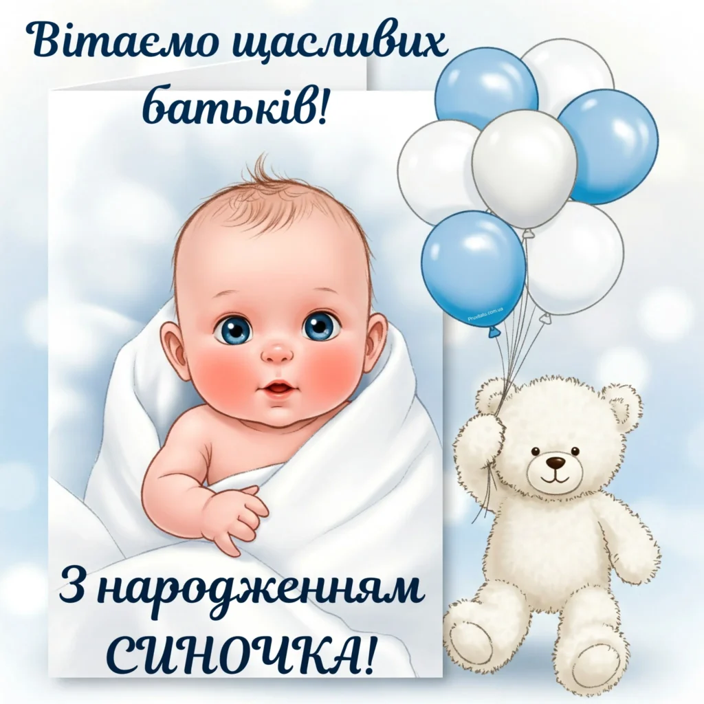 Вітання батькам з народженням сина: малюнок немовляти та ведмедика.