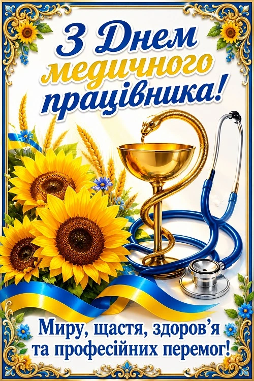 Привітання медичному працівнику з соняшниками та стетоскопом