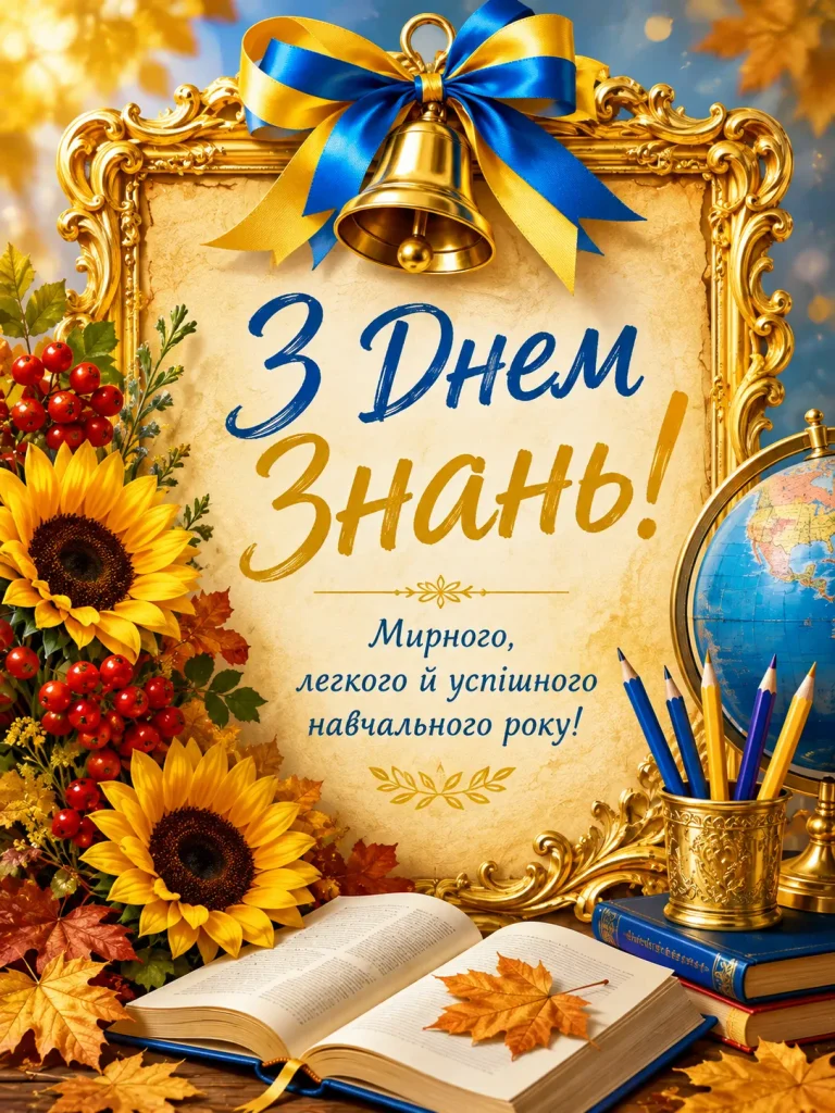Побажання мирного навчального року з соняшниками та книгою.