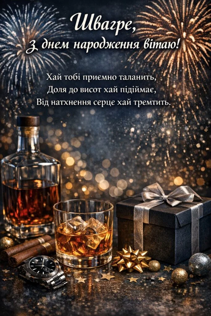Вітання з днем народження швагрові: віскі, подарунок та феєрверки.