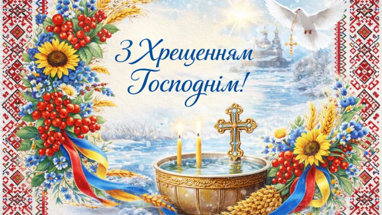 Водохрещення: хрест, свічка, голуб та квіти на фоні церкви.