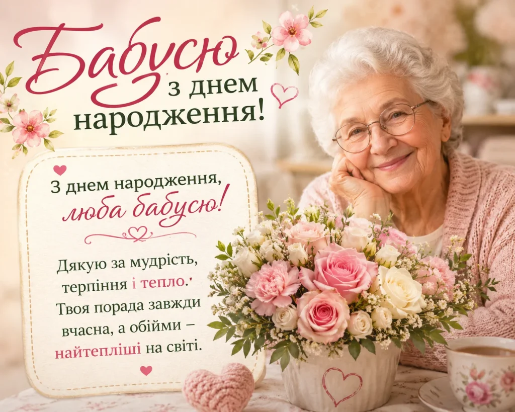 Привітання з днем народження бабусі квітами та теплом.