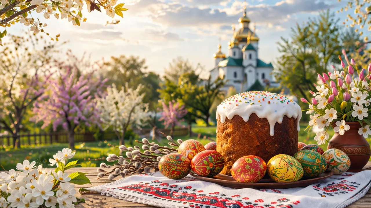 Українська Великдень: кулич, писанки та квіти перед церквою.