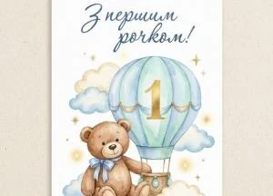 Мішка тримає повітряний кулон з цифрою один для першого дня народження.