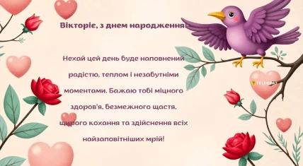Квіти та птах на привітання з днем народження Вікторії.