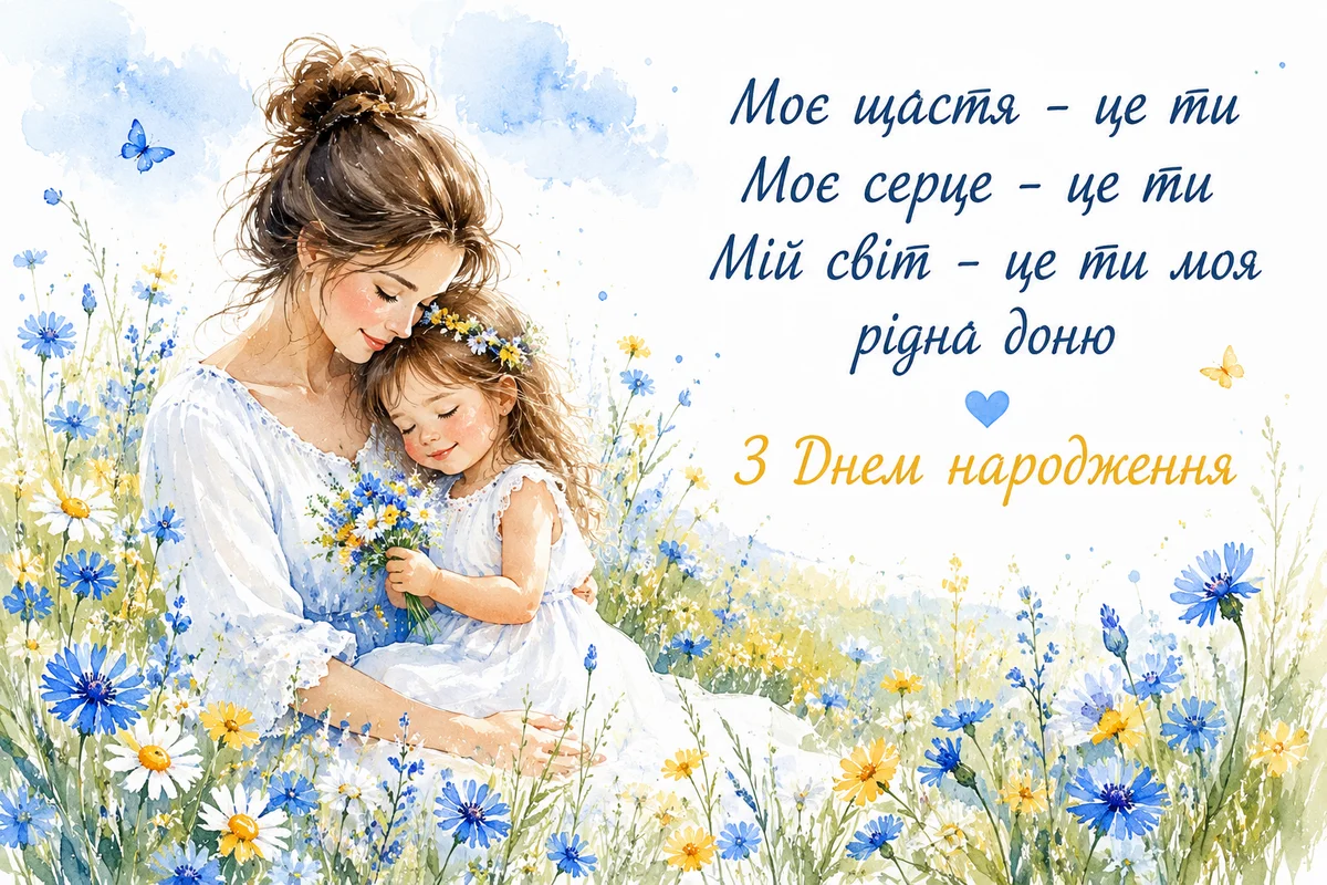 Мама обіймає доньку серед квітів на День народження.
