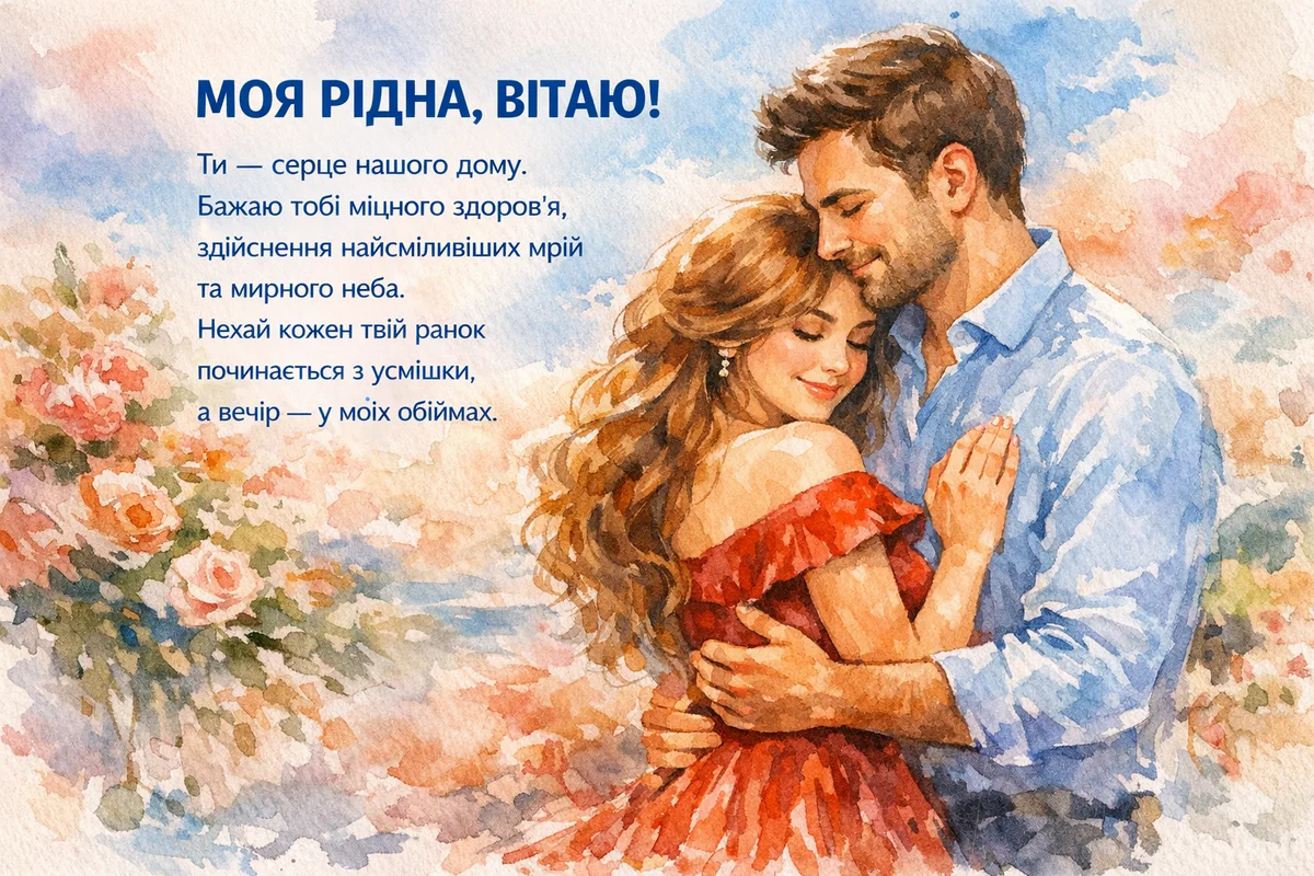 Чоловік обіймає дружину на фоні квітів з привітанням.