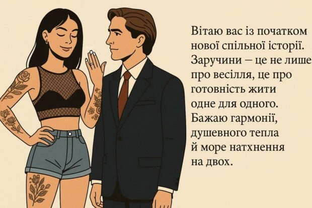 Жінка та чоловік у святковому стилі з привітанням про заручини.