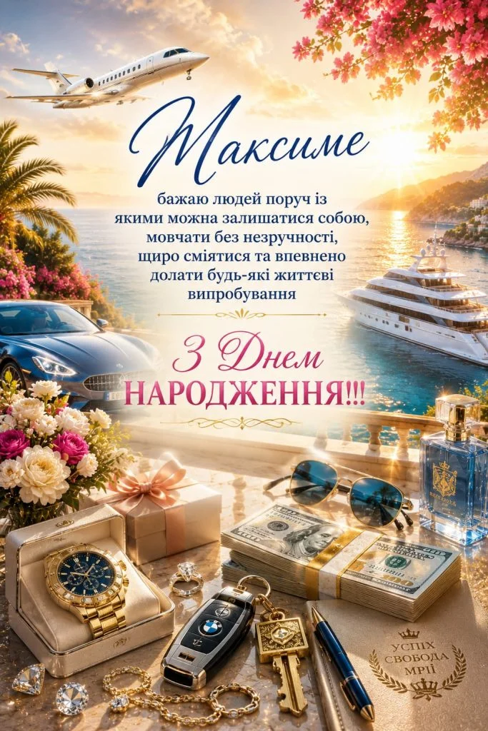 Картка з днем народження Максим із літаком та яхтою