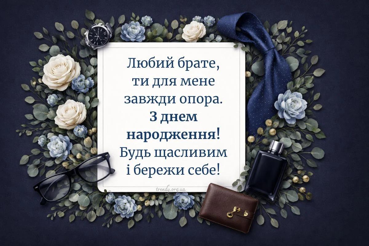 Привітання з днем народження брату у квітах та аксесуарах.