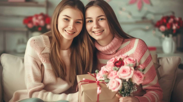 Дві жінки з квітками та подарунком на день народження дружини.