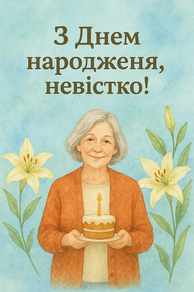 Старенька жінка тримає торт з свічкою, навколо лілії.