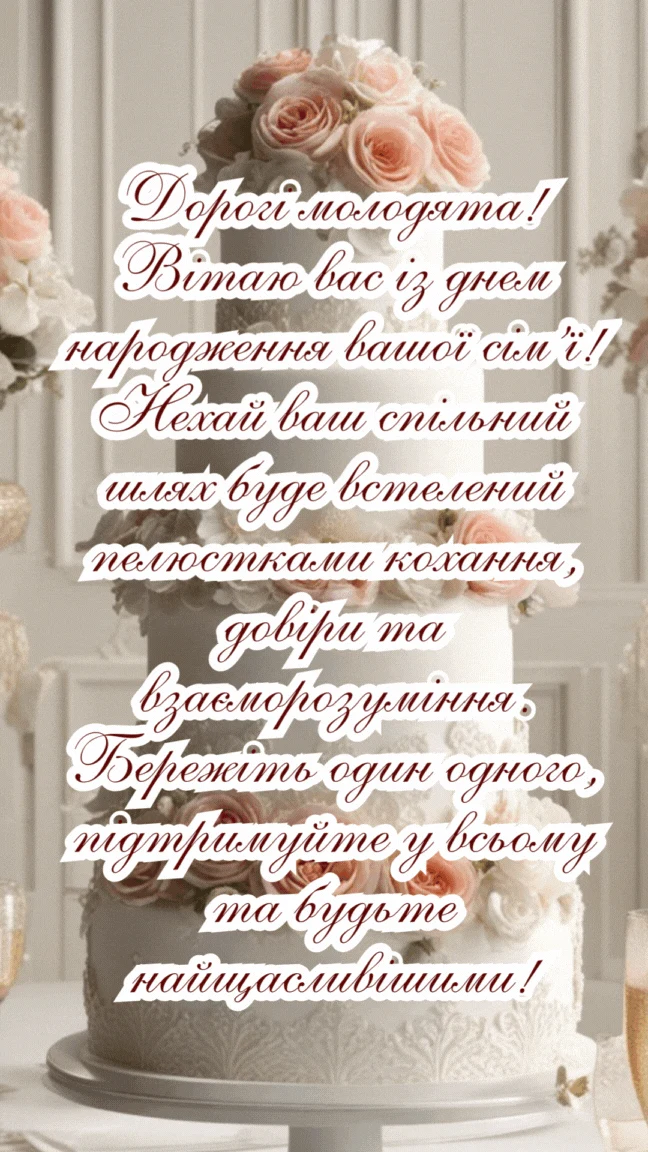 Святковий торт з квітами та привітанням молодим подружжям українською мовою.