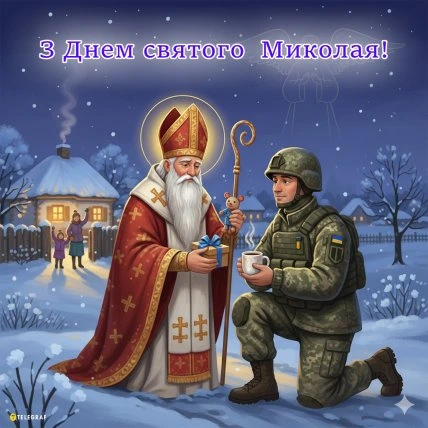 Святой Микола дарує подарунок військовому під час Різдва.